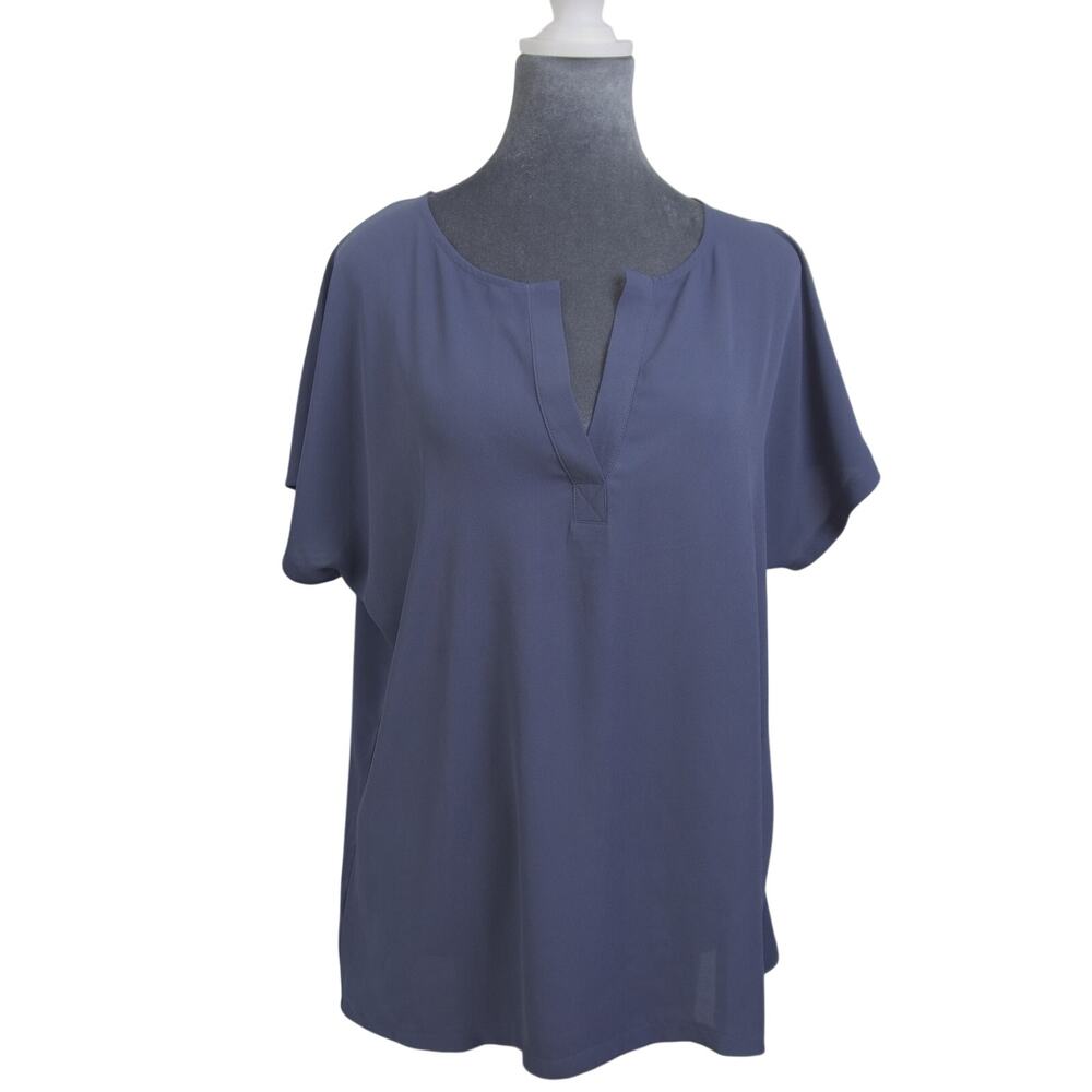 Ann Taylor Factory Blouse L Muted Blue Split Neck Dolman Sleeve Work Top